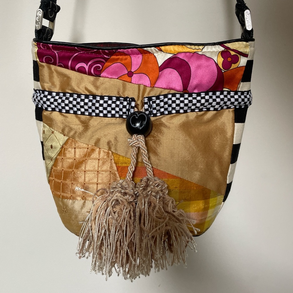 Y2K patchwork raw silk bucket bag